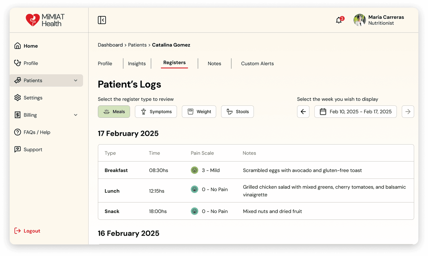 Meal logging phone screen